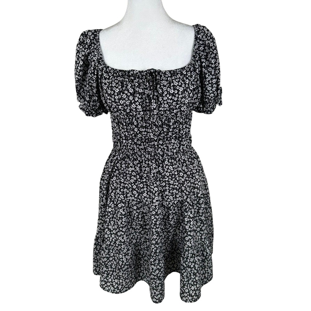 Hesperus Floral Mini Dress Womens L Black White Cottagecore Boho Y2K Babydoll